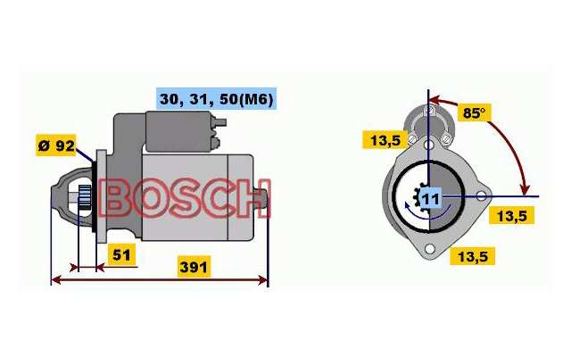 BOSCH Starter 485783 Neu
Spannung [V]: 24, Starterleistung [kW]: 6,2, Anzahl der Befestigungsbohrungen: 3, Anzahl der Gewindebohrungen: 0, Zähnezahl: 11, Klemme: 30, 50, 31, Flansch-O [mm]: 92, Drehrichtung: Drehrichtung im Uhrzeigersinn, Ritzel-Grundposition [mm]: 48, Starterausführung: eigengelagert, Bohrung-O [mm]: 13,5, Bohrung-O 2 [mm]: 13,5, Bohrung-O 3 [mm]: 13,5, Länge [mm]: 391, Lage/Grad: rechts, Befestigungswinkel [Grad]: 85, Winkelmaß Maulöffnung [Grad]: 160, Winkelmaß Befestigungsbohrung [Grad]: 85 1.