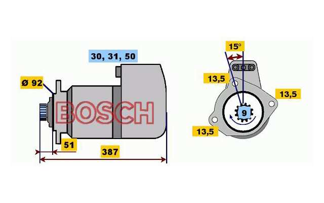 BOSCH Starter 485796 Neu
Spannung [V]: 24, Starterleistung [kW]: 5,4, Anzahl der Befestigungsbohrungen: 3, Anzahl der Gewindebohrungen: 0, Zähnezahl: 9, Klemme: 30, 50, 31(isol.), Flansch-O [mm]: 92, Drehrichtung: Drehrichtung im Uhrzeigersinn, Ritzel-Grundposition [mm]: 47,5, Starterausführung: freiausstoßend, Bohrung-O [mm]: 13,5, Bohrung-O 2 [mm]: 13,5, Bohrung-O 3 [mm]: 13,5, Länge [mm]: 386,5, Lage/Grad: links, Befestigungswinkel [Grad]: 15, Winkelmaß Befestigungsbohrung [Grad]: 15 1.