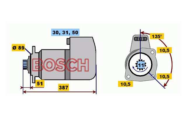 BOSCH Starter 485797 Neu
Spannung [V]: 24, Starterleistung [kW]: 5,5, Anzahl der Befestigungsbohrungen: 3, Anzahl der Gewindebohrungen: 0, Zähnezahl: 11, Klemme: 30, 50, 31(isol.), Flansch-O [mm]: 89, Drehrichtung: Drehrichtung im Uhrzeigersinn, Ritzel-Grundposition [mm]: 47,5, Starterausführung: freiausstoßend, Bohrung-O [mm]: 10,5, Bohrung-O 2 [mm]: 10,5, Bohrung-O 3 [mm]: 10,5, Länge [mm]: 386,5, Lage/Grad: rechts, Befestigungswinkel [Grad]: 135, Winkelmaß Befestigungsbohrung [Grad]: 135 1.