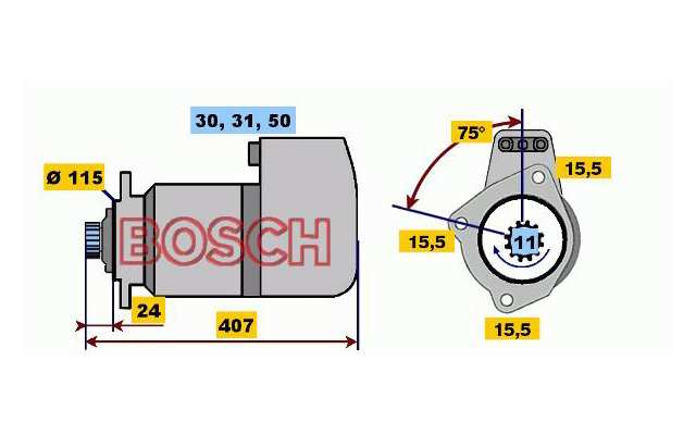 BOSCH Starter 485823 Neu
Spannung [V]: 24, Starterleistung [kW]: 6,6, Anzahl der Befestigungsbohrungen: 3, Anzahl der Gewindebohrungen: 0, Zähnezahl: 11, Klemme: 30, 50, 31, Flansch-O [mm]: 115, Drehrichtung: Drehrichtung im Uhrzeigersinn, Ritzel-Grundposition [mm]: 21, Starterausführung: freiausstoßend, Bohrung-O [mm]: 15,5, Bohrung-O 2 [mm]: 15,5, Bohrung-O 3 [mm]: 15,5, Länge [mm]: 406,5, Lage/Grad: rechts, Befestigungswinkel [Grad]: 45, Winkelmaß Befestigungsbohrung [Grad]: 45 1.