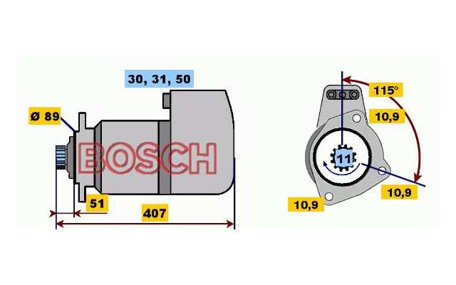 BOSCH Starter 485835 Neu
Spannung [V]: 24, Starterleistung [kW]: 6,6, Anzahl der Befestigungsbohrungen: 3, Anzahl der Gewindebohrungen: 0, Zähnezahl: 11, Klemme: 30, 50, 31, Flansch-O [mm]: 89, Drehrichtung: Drehrichtung im Uhrzeigersinn, Ritzel-Grundposition [mm]: 47,5, Starterausführung: freiausstoßend, Bohrung-O [mm]: 10,5, Bohrung-O 2 [mm]: 10,5, Bohrung-O 3 [mm]: 10,5, Länge [mm]: 406,5, Lage/Grad: rechts, Befestigungswinkel [Grad]: 115, Winkelmaß Befestigungsbohrung [Grad]: 115 1.