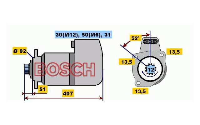 BOSCH Starter 485836 Neu
Spannung [V]: 24, Starterleistung [kW]: 6, Anzahl der Befestigungsbohrungen: 3, Anzahl der Gewindebohrungen: 0, Zähnezahl: 12, Klemme: 30, 50, 31(isol.), Flansch-O [mm]: 92, Drehrichtung: Drehrichtung im Uhrzeigersinn, Ritzel-Grundposition [mm]: 48,2, Starterausführung: freiausstoßend, Bohrung-O [mm]: 13,5, Bohrung-O 2 [mm]: 13,5, Bohrung-O 3 [mm]: 13,5, Länge [mm]: 385, Lage/Grad: rechts, Befestigungswinkel [Grad]: 53, Winkelmaß Befestigungsbohrung [Grad]: 53 1.