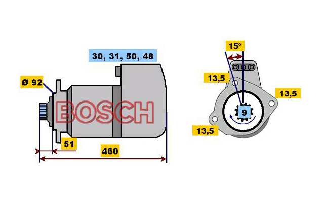 BOSCH Starter 485847 Neu
Spannung [V]: 24, Starterleistung [kW]: 9, Anzahl der Befestigungsbohrungen: 3, Anzahl der Gewindebohrungen: 0, Zähnezahl: 9, Klemme: 30, 50, 31, Flansch-O [mm]: 92, Drehrichtung: Drehrichtung im Uhrzeigersinn, Ritzel-Grundposition [mm]: 47,7, Starterausführung: freiausstoßend, Bohrung-O [mm]: 13,5, Bohrung-O 2 [mm]: 13,5, Bohrung-O 3 [mm]: 13,5, Länge [mm]: 460, Lage/Grad: links, Befestigungswinkel [Grad]: 15, Winkelmaß Befestigungsbohrung [Grad]: 15 1.