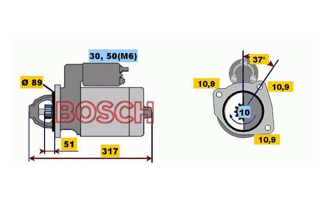 BOSCH Starter 487105 new
Voltage [V]: 24, Rated Power [kW]: 4, Number of mounting bores: 3, Number of thread bores: 0, Number of Teeth: 10, Clamp: 50, 30, Flange O [mm]: 89, Rotation Direction: Clockwise rotation, Pinion Rest Position [mm]: 48, Starter Type: Self-supporting, Bore O [mm]: 10,5, Bore O 2 [mm]: 10,5, Bore O 3 [mm]: 10,5, Length [mm]: 317, Position / Degree: rechts, Connecting Angle [Degree]: 37, Jaw opening angle measurement [Degree]: 180, Fastening hole angle measurement [Degree]: 37 1.