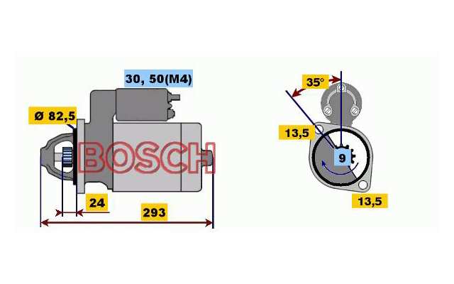 BOSCH Starter 487132 Neu
Spannung [V]: 12, Starterleistung [kW]: 2,4, Anzahl der Befestigungsbohrungen: 2, Anzahl der Gewindebohrungen: 0, Zähnezahl: 9, Klemme: 50, 30, Flansch-O [mm]: 82,5, Drehrichtung: Drehrichtung im Uhrzeigersinn, Ritzel-Grundposition [mm]: 21, Starterausführung: eigengelagert, Bohrung-O [mm]: 13,5, Bohrung-O 2 [mm]: 13,5, Länge [mm]: 293, Lage/Grad: links, Befestigungswinkel [Grad]: 35, Winkelmaß Maulöffnung [Grad]: 35, Winkelmaß Befestigungsbohrung [Grad]: 35 1.