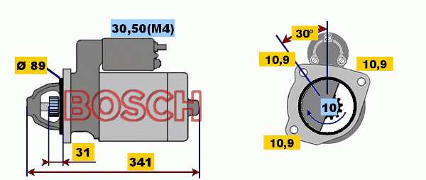 BOSCH Starter 487514 new
Voltage [V]: 24, Rated Power [kW]: 4, Number of mounting bores: 3, Number of thread bores: 0, Number of Teeth: 10, Clamp: 50, 30, Flange O [mm]: 89, Rotation Direction: Clockwise rotation, Pinion Rest Position [mm]: 28, Starter Type: Self-supporting, Bore O [mm]: 10,5, Bore O 2 [mm]: 10,5, Bore O 3 [mm]: 10,5, Length [mm]: 341, Position / Degree: links, Connecting Angle [Degree]: 30, Jaw opening angle measurement [Degree]: 20, Fastening hole angle measurement [Degree]: 30 1.
