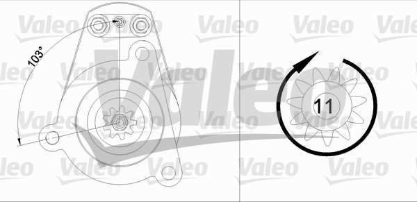 VALEO Starter 286185 renewed
Voltage [V]: 24, Rated Power [kW]: 5,5, Number of Teeth: 11, Number of Holes: 3, Rotation Direction: Clockwise rotation, Position / Degree: L  105, Clamp: NO 1.