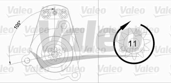 VALEO Starter 286191 renewed
Voltage [V]: 24, Rated Power [kW]: 6,6, Number of Teeth: 11, Number of Holes: 3, Rotation Direction: Clockwise rotation, Position / Degree: L  105, Clamp: NO 1.