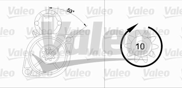 VALEO Starter 286204 renewed
Voltage [V]: 12, Rated Power [kW]: 1,7, Number of Teeth: 10, Number of Holes: 2, Rotation Direction: Clockwise rotation, Position / Degree: R  53, Clamp: NO 1.
