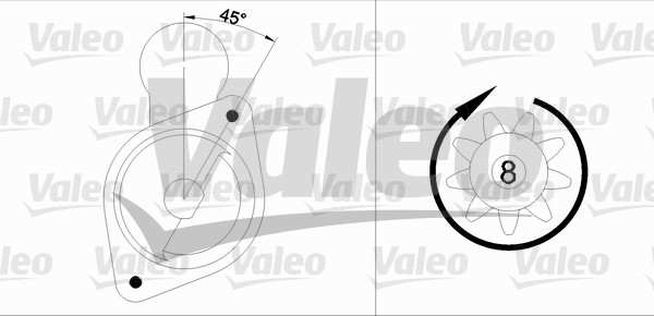 VALEO Starter 286207 renewed
Voltage [V]: 12, Rated Power [kW]: 0,8, Number of Teeth: 8, Number of Holes: 2, Rotation Direction: Clockwise rotation, Position / Degree: R  45, Clamp: NO 1.