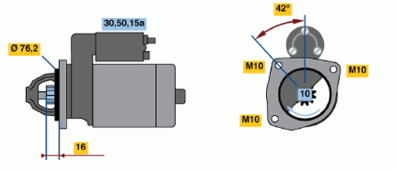 BOSCH Starter 481982 Überholt
Spannung [V]: 12, Starterleistung [kW]: 1,4, Anzahl der Befestigungsbohrungen: 0, Anzahl der Gewindebohrungen: 3, Zähnezahl: 10, Klemme: 15a, 50, 30, Flansch-O [mm]: 76, Drehrichtung: Drehrichtung im Uhrzeigersinn, Ritzel-Grundposition [mm]: 13, Starterausführung: eigengelagert, Gewindemaß: M10, Gewindemaß 1: M10x1.5, Gewindemaß 2: M10x1.5, Länge [mm]: 243, Lage/Grad: links, Befestigungswinkel [Grad]: 42, Winkelmaß Maulöffnung [Grad]: 45, Winkelmaß Befestigungsbohrung [Grad]: 42