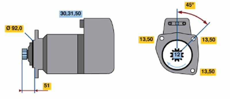 BOSCH Starter 481995 Überholt
Spannung [V]: 24, Starterleistung [kW]: 5,4, Anzahl der Befestigungsbohrungen: 3, Anzahl der Gewindebohrungen: 0, Zähnezahl: 12, Klemme: 30, 50, 31, Flansch-O [mm]: 92, Drehrichtung: Drehrichtung im Uhrzeigersinn, Ritzel-Grundposition [mm]: 48, Starterausführung: freiausstoßend, Bohrung-O [mm]: 13,5, Bohrung-O 2 [mm]: 13,5, Bohrung-O 3 [mm]: 13,5, Länge [mm]: 387, Lage/Grad: rechts, Befestigungswinkel [Grad]: 45, Winkelmaß Befestigungsbohrung [Grad]: 45