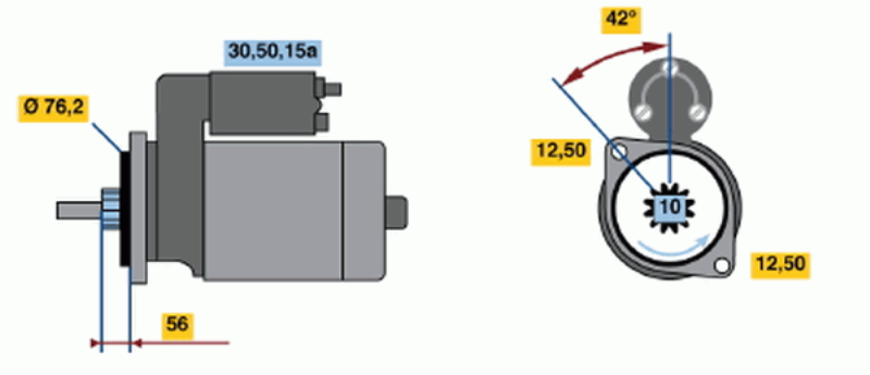 BOSCH Starter 482021 Überholt
Spannung [V]: 12, Starterleistung [kW]: 1,1, Anzahl der Befestigungsbohrungen: 2, Anzahl der Gewindebohrungen: 0, Zähnezahl: 10, Klemme: 15a, 50, 30, Flansch-O [mm]: 76, Drehrichtung: Drehrichtung gegen den Uhrzeigersinn, Ritzel-Grundposition [mm]: 53, Starterausführung: fremdgelagert, Bohrung-O [mm]: 12,5, Bohrung-O 2 [mm]: 12,5, Länge [mm]: 244, Lage/Grad: links, Befestigungswinkel [Grad]: 42, Winkelmaß Befestigungsbohrung [Grad]: 42