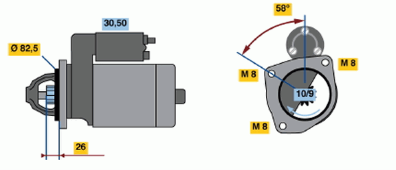 BOSCH Starter 482077 Überholt
Spannung [V]: 12, Starterleistung [kW]: 1,8, Anzahl der Befestigungsbohrungen: 0, Anzahl der Gewindebohrungen: 3, Zähnezahl: 11, 9, Klemme: 50, 30, Flansch-O [mm]: 82, Drehrichtung: Drehrichtung im Uhrzeigersinn, Ritzel-Grundposition [mm]: 23, Starterausführung: eigengelagert, Gewindemaß: M8, Gewindemaß 1: M8x1.25, Gewindemaß 2: M8x1.25, Länge [mm]: 243, Lage/Grad: links, Befestigungswinkel [Grad]: 58, Winkelmaß Maulöffnung [Grad]: 30, Winkelmaß Befestigungsbohrung [Grad]: 58