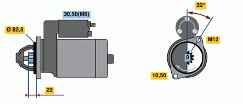 BOSCH Starter 482078 Überholt
Spannung [V]: 12, Starterleistung [kW]: 1, Anzahl der Befestigungsbohrungen: 1, Anzahl der Gewindebohrungen: 1, Zähnezahl: 9, Klemme: 50, 30, Flansch-O [mm]: 82,5, Drehrichtung: Drehrichtung im Uhrzeigersinn, Ritzel-Grundposition [mm]: 18,5, Starterausführung: eigengelagert, Gewindemaß: M12, Bohrung-O 2 [mm]: 10,5, Länge [mm]: 221, Lage/Grad: rechts, Befestigungswinkel [Grad]: 32, Winkelmaß Maulöffnung [Grad]: 185, Winkelmaß Befestigungsbohrung [Grad]: 32