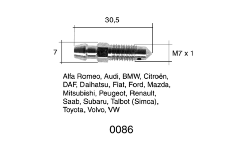 QUICK BRAKE Bleed screw 10905758 2 pcs/pack
Length [mm]: 31, Thread Size: M7x1, Thread Type: with external thread, Spanner Size: 7