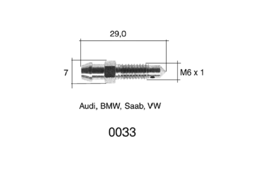 QUICK BRAKE Bleed screw 10905761 2 pcs/pack
Length [mm]: 29, Thread Size: M6x1, Thread Type: with external thread, Spanner Size: 7