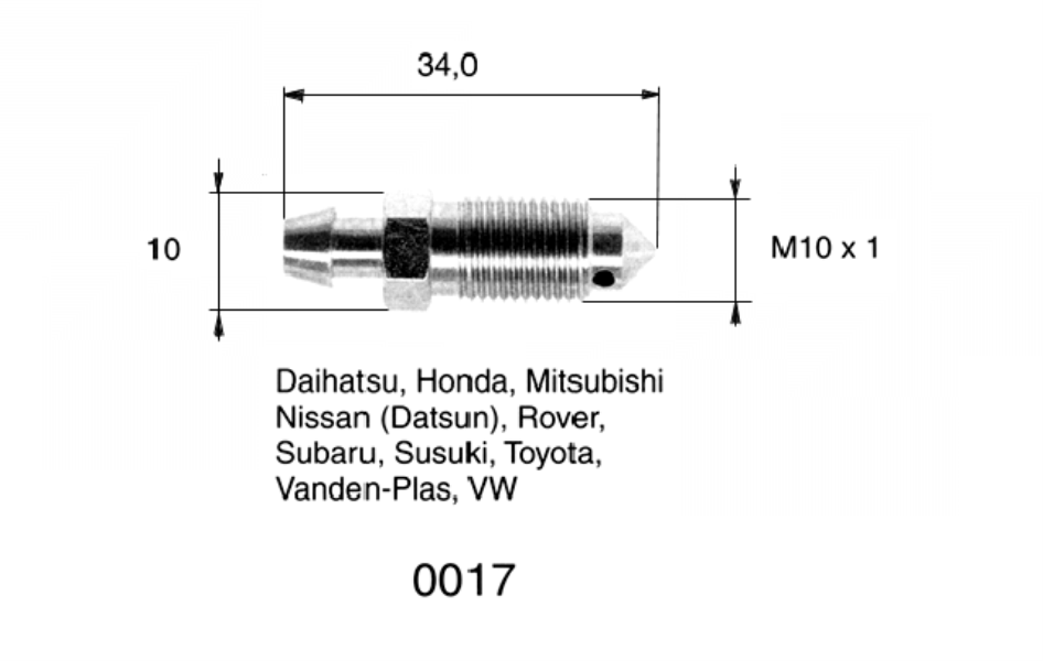 QUICK BRAKE Bleed screw 10905763 2 pcs/pack
Length [mm]: 34, Thread Size: M10x1, Thread Type: with external thread, Spanner Size: 10