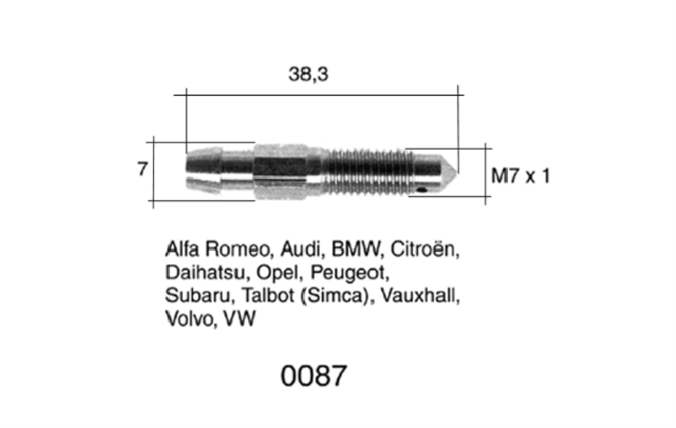 QUICK BRAKE Bleed screw 10905764 2 pcs/pack
Length [mm]: 38, Thread Size: M7x1, Thread Type: with external thread, Spanner Size: 7