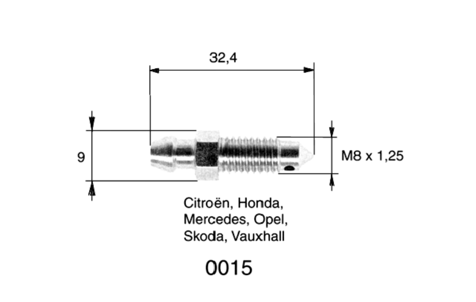 QUICK BRAKE Bleed screw 10905769 2 pcs/pack
Length [mm]: 33, Thread Size: M8x1,25, Thread Type: with external thread, Spanner Size: 9