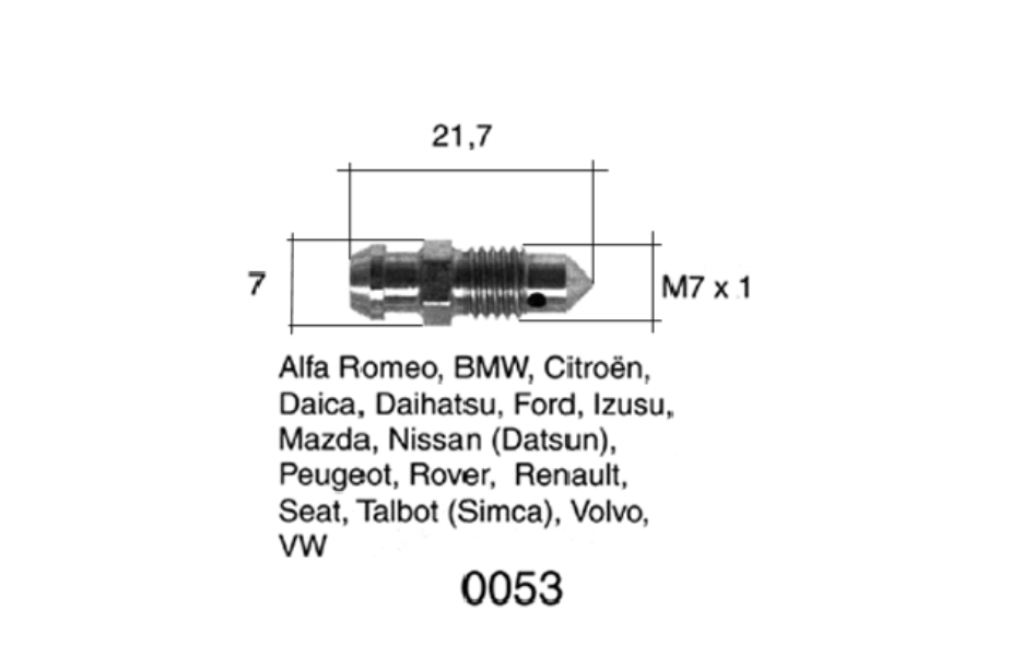 QUICK BRAKE Bleed screw 10905771 2 pcs/pack
Length [mm]: 22, Thread Size: M7x1, Thread Type: with external thread, Spanner Size: 7