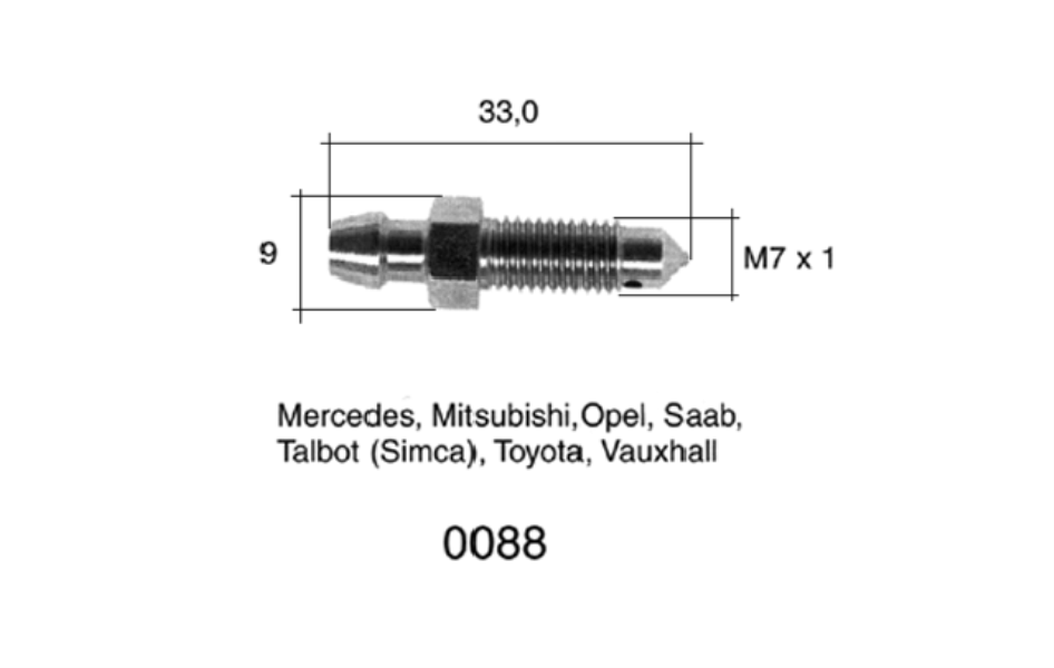 QUICK BRAKE Bleed screw 10905777 2 pcs/pack
Length [mm]: 33, Thread Size: M7x1, Thread Type: with external thread, Spanner Size: 9