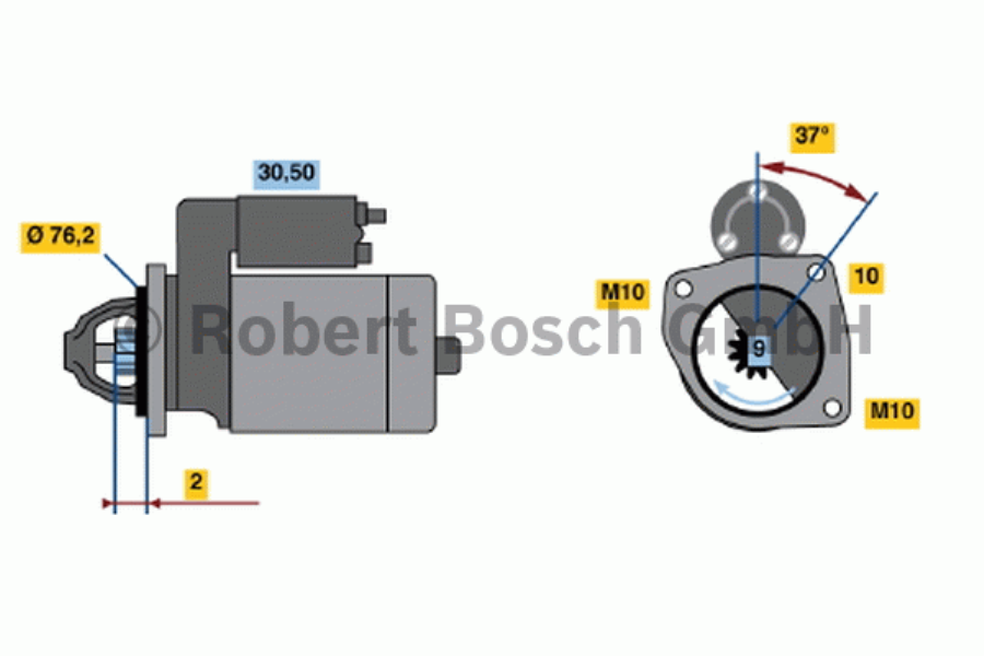 BOSCH Starter 10163484 new
Voltage [V]: 12, Rated Power [kW]: 1,4, Number of mounting bores: 1, Number of thread bores: 2, Number of Teeth: 9, Clamp: 50, 30, Flange O [mm]: 76,2, Rotation Direction: Clockwise rotation, Pinion Rest Position [mm]: -1, Starter Type: Self-supporting, Thread Size 1: M10x1.5, Thread Size 2: M10x1.5, Bore O [mm]: 10, Length [mm]: 214, Position / Degree: rechts, Connecting Angle [Degree]: 37, Jaw opening angle measurement [Degree]: 143, Fastening hole angle measurement [Degree]: 37 1.