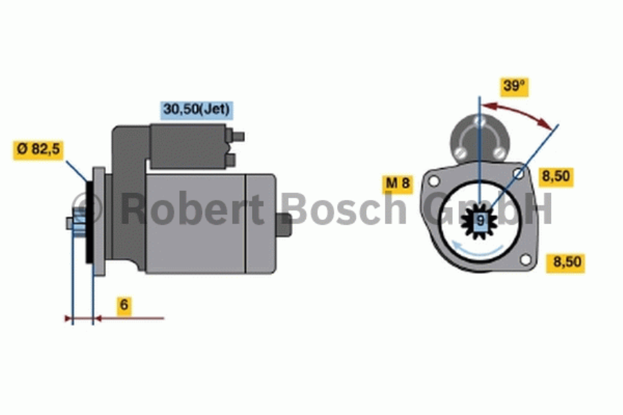 BOSCH Starter 10163515 new
Voltage [V]: 12, Rated Power [kW]: 1,1, Number of mounting bores: 2, Number of thread bores: 1, Number of Teeth: 9, Clamp: 50, 30, Flange O [mm]: 82,5, Rotation Direction: Clockwise rotation, Pinion Rest Position [mm]: 3,2, Starter Type: Floating pinion, Thread Size 1: M8x1.25, Bore O [mm]: 8,5, Bore O 3 [mm]: 8,5, Length [mm]: 212, Position / Degree: rechts, Connecting Angle [Degree]: 39, Fastening hole angle measurement [Degree]: 39 1.