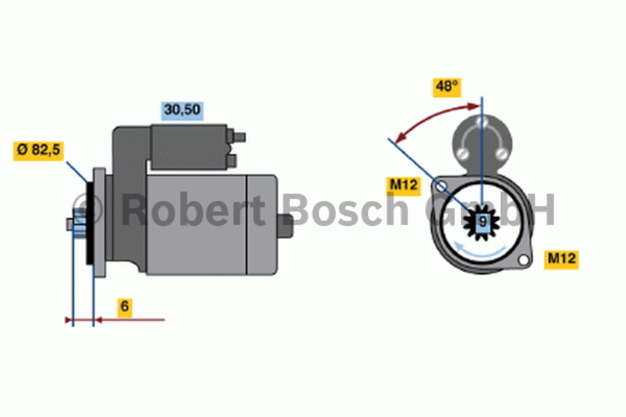 BOSCH Starter 10163524 new
Voltage [V]: 12, Rated Power [kW]: 1,8, Number of mounting bores: 0, Number of thread bores: 2, Number of Teeth: 9, Clamp: 50, 30, Flange O [mm]: 82,5, Rotation Direction: Clockwise rotation, Pinion Rest Position [mm]: 3, Starter Type: Floating pinion, Thread Size: M12, Thread Size 1: M12x1.75, Length [mm]: 247, Position / Degree: links, Connecting Angle [Degree]: 48, Fastening hole angle measurement [Degree]: 48 1.