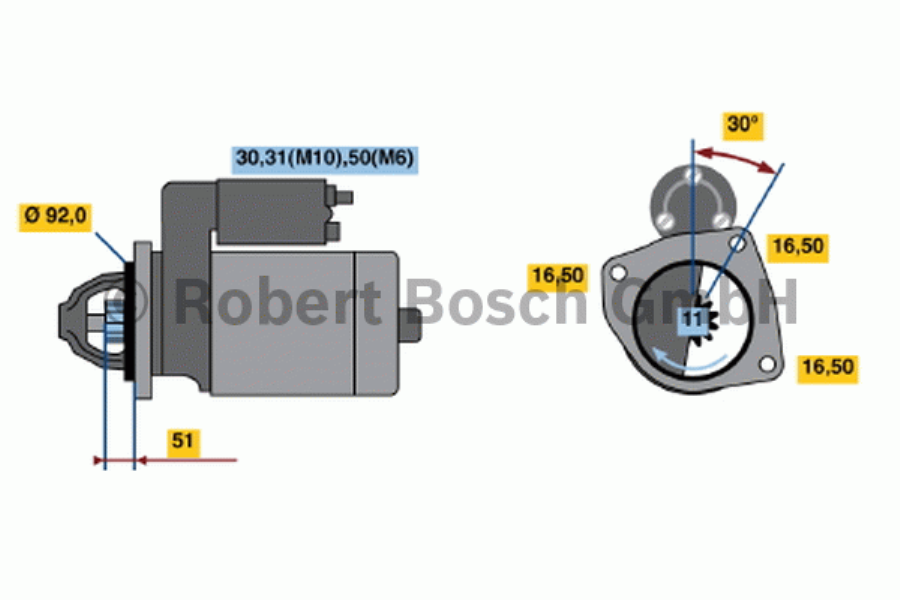 BOSCH Starter 10163570 Neu
Spannung [V]: 24, Starterleistung [kW]: 6,7, Anzahl der Befestigungsbohrungen: 3, Anzahl der Gewindebohrungen: 0, Zähnezahl: 11, Klemme: 30, 50, 31, Flansch-O [mm]: 92, Drehrichtung: Drehrichtung im Uhrzeigersinn, Ritzel-Grundposition [mm]: 48, Starterausführung: eigengelagert, Bohrung-O [mm]: 16,5, Bohrung-O 2 [mm]: 16,5, Bohrung-O 3 [mm]: 16,5, Länge [mm]: 434, Lage/Grad: rechts, Befestigungswinkel [Grad]: 30, Winkelmaß Maulöffnung [Grad]: 10, Winkelmaß Befestigungsbohrung [Grad]: 30 1.