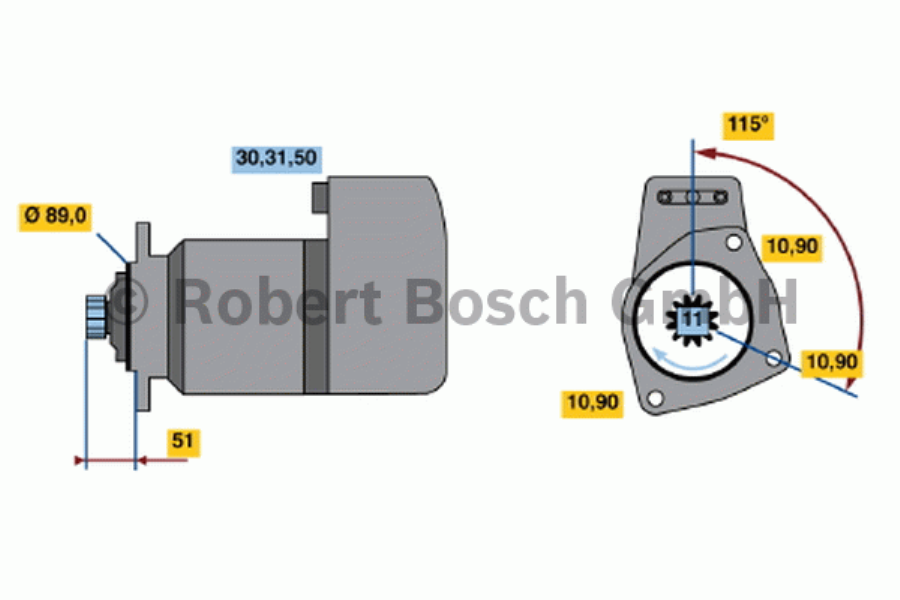 BOSCH Starter 10163575 new
Voltage [V]: 24, Rated Power [kW]: 5,4, Number of mounting bores: 3, Number of threaded holes: 0, Number of Teeth: 11, Clamp: 30, 50, 31(isol.), Flange Diameter [mm]: 89, Rotation Direction: Clockwise rotation, Pinion Rest Position [mm]: 47,5, Starter Type: Floating pinion, Bore Diameter [mm]: 10,5, Bore Diameter 2 [mm]: 10,5, Bore O 3 [mm]: 10,5, Length [mm]: 386,5, Position/Degree: rechts, Mounting Angle [degrees]: 115, Fastening hole angle measurement [Degree]: 115 1.