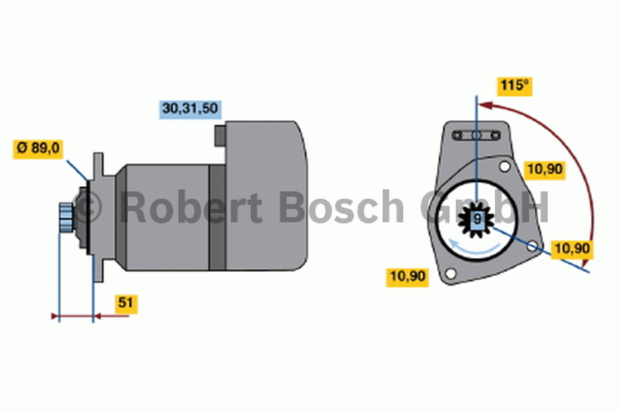BOSCH Starter 10163581 new
Voltage [V]: 24, Rated Power [kW]: 6,6, Number of mounting bores: 3, Number of thread bores: 0, Number of Teeth: 9, Clamp: 30, 50, 31, Flange O [mm]: 89, Rotation Direction: Clockwise rotation, Pinion Rest Position [mm]: 47,5, Starter Type: Floating pinion, Bore O [mm]: 10,5, Bore O 2 [mm]: 10,5, Bore O 3 [mm]: 10,5, Length [mm]: 406,5, Position / Degree: rechts, Connecting Angle [Degree]: 115, Fastening hole angle measurement [Degree]: 115 1.