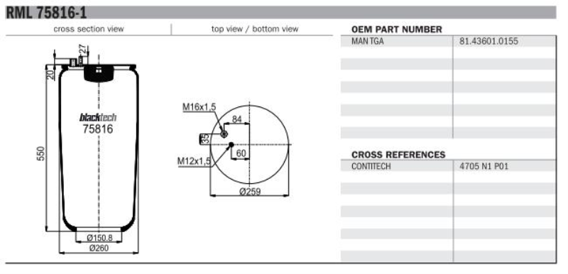 BLACKTECH Air spring semi complet 10769731 Fitting Position: Rear Axle, Outer thread [mm]: M16 x 1,5, Inner diameter [mm]: 151, Outer diameter [mm]: 259, Length [mm]: 550, Thread Size 1: M16 x 1,5, Thread Size 2: M12 x 1,5