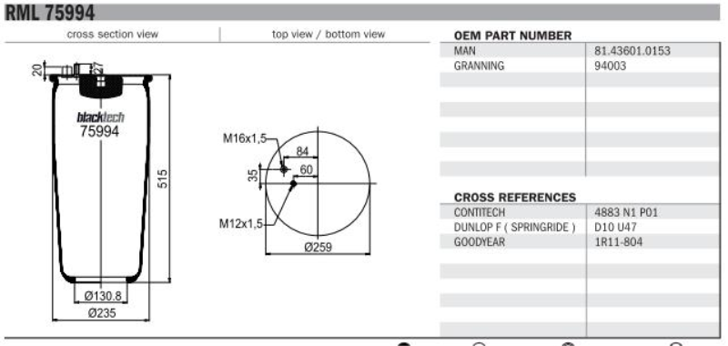 BLACKTECH Air spring semi complet 10769746 Fitting Position: Rear Axle, Length [mm]: 492, Inner Diameter [mm]: 131, Outer Diameter [mm]: 220