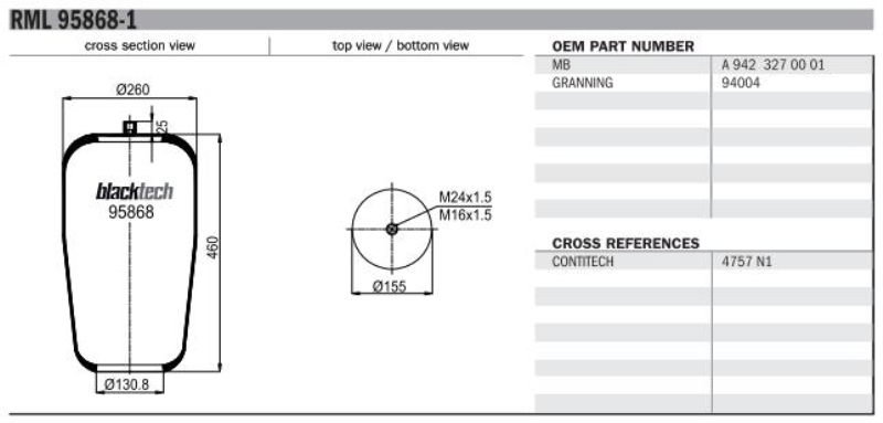 BLACKTECH Air spring semi complet 10769952 for RPO number: TK, Cylinder Piston Diameter 1 [mm]: 279, Piston material: Steel