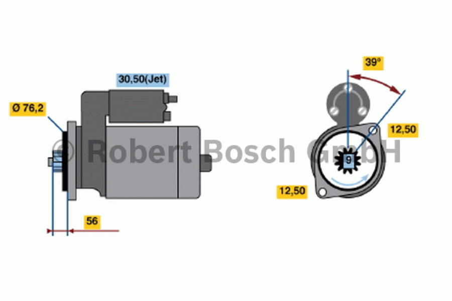 BOSCH Starter 286617 renewed
Voltage [V]: 12, Rated Power [kW]: 1,8, Number of mounting bores: 2, Number of thread bores: 0, Number of Teeth: 9, Clamp: 50, 30, Flange O [mm]: 76, Rotation Direction: Anticlockwise rotation, Pinion Rest Position [mm]: 53, Starter Type: Floating pinion, Bore O [mm]: 12,5, Bore O 2 [mm]: 12,5, Length [mm]: 235, Position / Degree: rechts, Connecting Angle [Degree]: 39, Fastening hole angle measurement [Degree]: 39