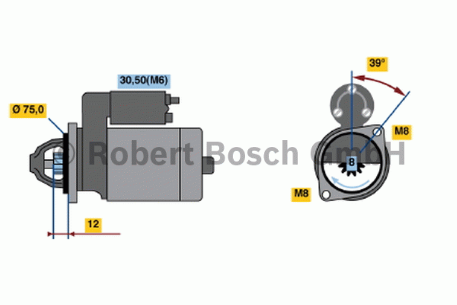 BOSCH Starter 286669 renewed
Voltage [V]: 12, Rated Power [kW]: 1, Number of mounting bores: 0, Number of thread bores: 2, Number of Teeth: 8, Clamp: 50, 30, Flange O [mm]: 75, Rotation Direction: Clockwise rotation, Pinion Rest Position [mm]: 7, Starter Type: Self-supporting, Thread Size: M8, Thread Size 1: M8x1.25, Length [mm]: 184, Position / Degree: rechts, Connecting Angle [Degree]: 39, Jaw opening angle measurement [Degree]: 91, Fastening hole angle measurement [Degree]: 39