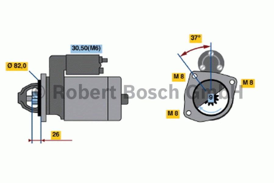 BOSCH Starter 487614 Új, 12 V, 2,5 kW
Spannung [V]: 12, Starterleistung [kW]: 2,5, Anzahl der Befestigungsbohrungen: 0, Anzahl der Gewindebohrungen: 3, Zähnezahl: 9, Klemme: 50, 30, Flansch-O [mm]: 82, Drehrichtung: Drehrichtung im Uhrzeigersinn, Ritzel-Grundposition [mm]: 22,9, Starterausführung: eigengelagert, Gewindemaß: M8, Gewindemaß 1: M8x1.25, Gewindemaß 2: M8x1.25, Länge [mm]: 244, Lage/Grad: links, Befestigungswinkel [Grad]: 37, Winkelmaß Maulöffnung [Grad]: 53, Winkelmaß Befestigungsbohrung [Grad]: 37 1.