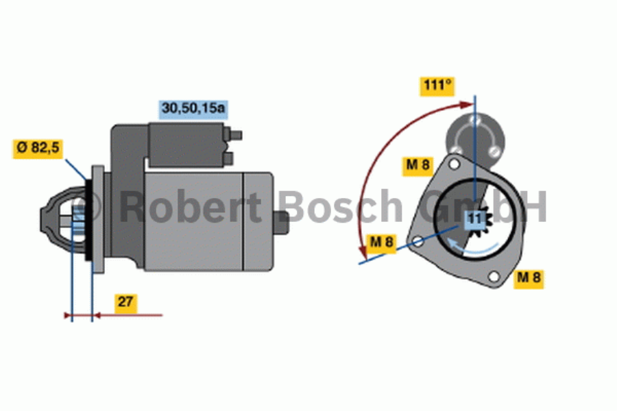 BOSCH Starter 487619 Neu, 1,7 kW
Spannung [V]: 12, Starterleistung [kW]: 1,7, Anzahl der Befestigungsbohrungen: 0, Anzahl der Gewindebohrungen: 3, Zähnezahl: 11, Klemme: 15a, 50, 30, Flansch-O [mm]: 82,5, Drehrichtung: Drehrichtung im Uhrzeigersinn, Ritzel-Grundposition [mm]: 23,5, Starterausführung: eigengelagert, Gewindemaß: M8, Gewindemaß 1: M8x1.25, Gewindemaß 2: M8x1.25, Länge [mm]: 262, Lage/Grad: links, Befestigungswinkel [Grad]: 111, Winkelmaß Maulöffnung [Grad]: 20, Winkelmaß Befestigungsbohrung [Grad]: 11 1.