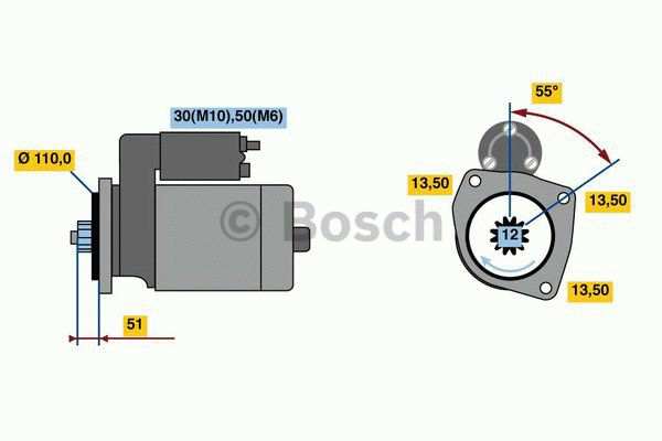 BOSCH Starter 487556 new
Voltage [V]: 24, Number of mounting bores: 3, Number of threaded holes: 0, Number of Teeth: 12, Clamp: 50, 30, Flange Diameter [mm]: 110, Rotation Direction: Clockwise rotation, Pinion Rest Position [mm]: 48,2, Starter Type: Floating pinion, Bore Diameter [mm]: 13,5, Bore Diameter 2 [mm]: 13,5, Bore O 3 [mm]: 13,5, Length [mm]: 320, Position/Degree: rechts, Mounting Angle [degrees]: 55, Fastening hole angle measurement [Degree]: 55 1.