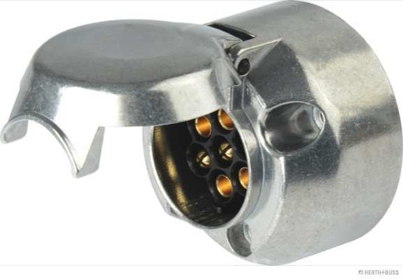 ELPARTS Trailer socket 924221 Number of Poles: 7, Material: Aluminium, DIN / ISO: 1724 N-Typ 
Number of pins: 7, Voltage from [V]: 6, Voltage to [V]: 12, Capacity at 12V: 16 A (1,5 mm2), 25 A (2,5 mm2), Material: Aluminium, DIN / ISO: 1724 N-Typ, Supplementary Article/Info 2: Removable inset, Shape: round, Mounting Type: Flat Plug-in Connector, Socket Width [mm]: 6,3