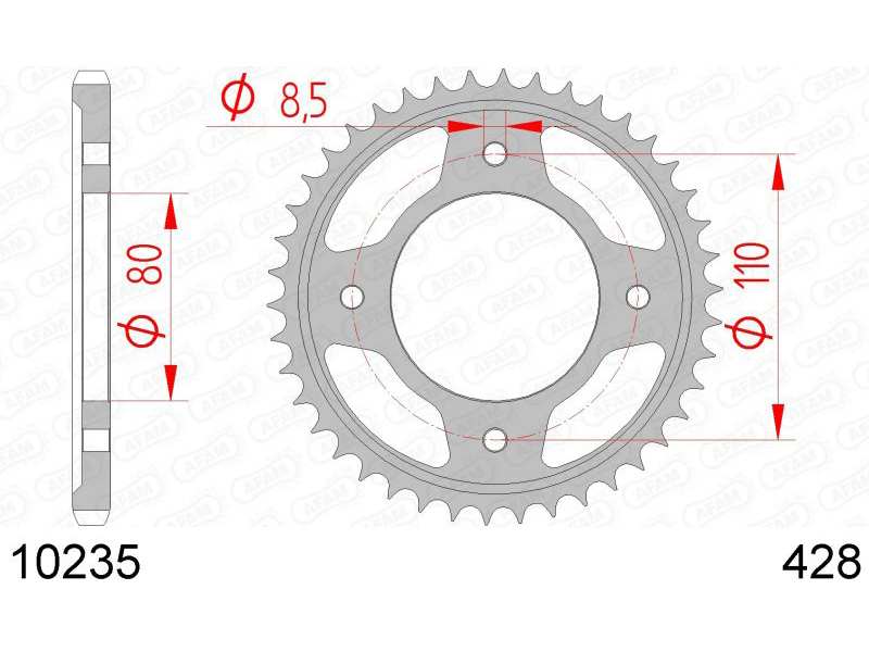 AFAM Kettenrad 10504321 Hinten für 428 Kette, Stahl, Zahnnummer: 42
Zähnezahl: 42, Material: Stahl, Oberfläche: verzinkt