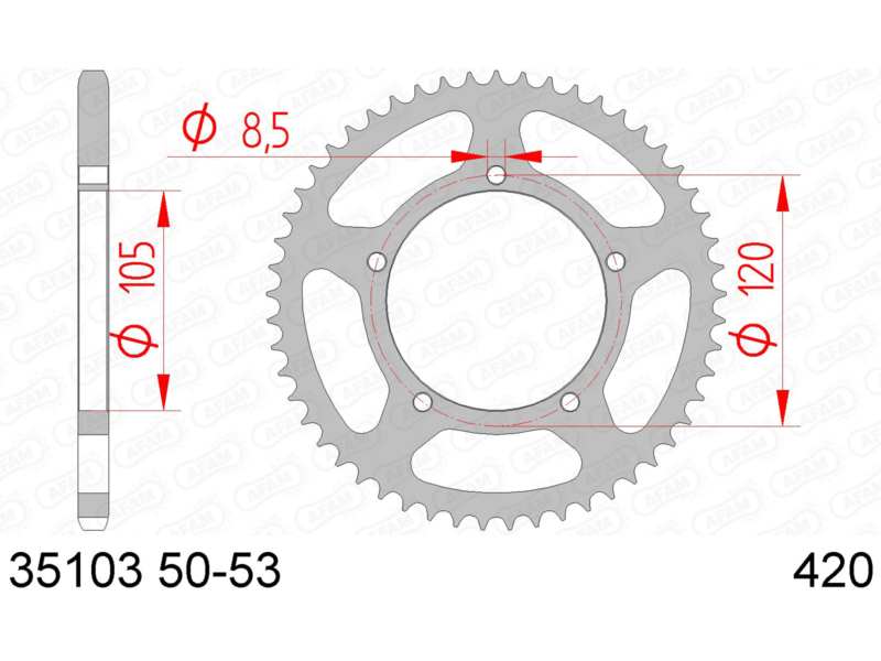 AFAM Kettenrad 10502579 Hinten für 420 Kette, Stahl, Zahnnummer: 53
Zähnezahl: 53, Material: Stahl, Oberfläche: verzinkt