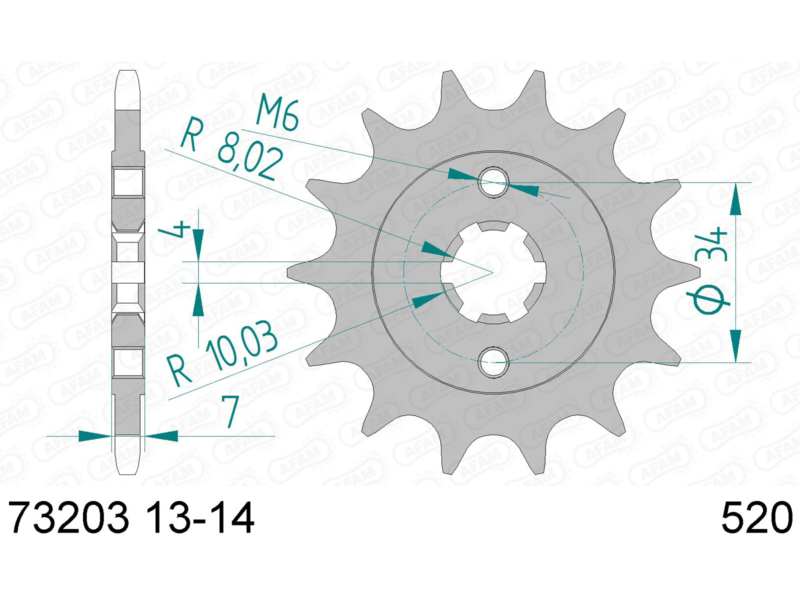 AFAM Kettenrad 10503588 Zuerst für Chain 520, Zahnnummer: 14
Zähnezahl: 14, Material: Stahl