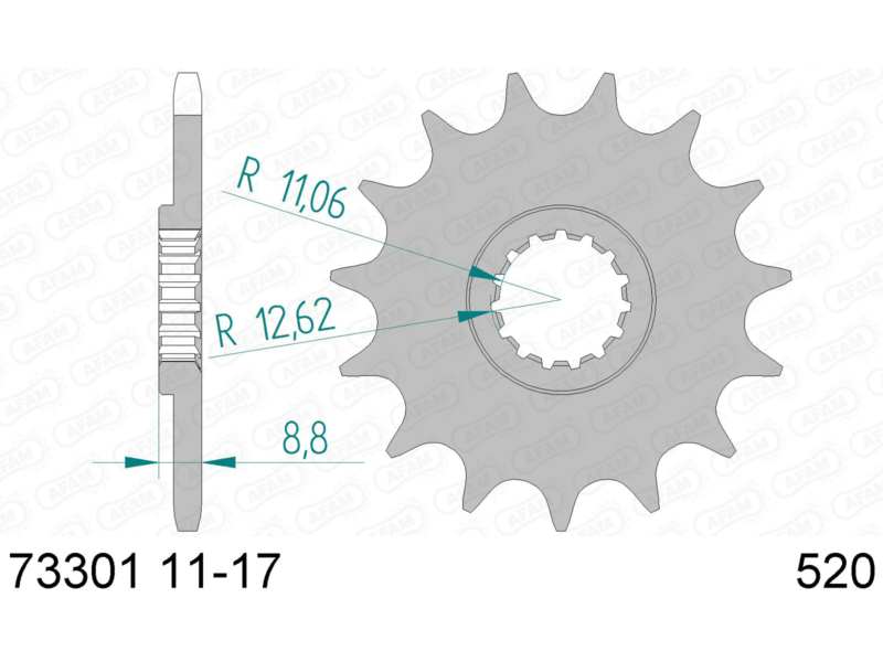 AFAM Kettenrad 10503595 Zuerst für Chain 520, Zahnnummer: 13
Zähnezahl: 13, Material: Stahl