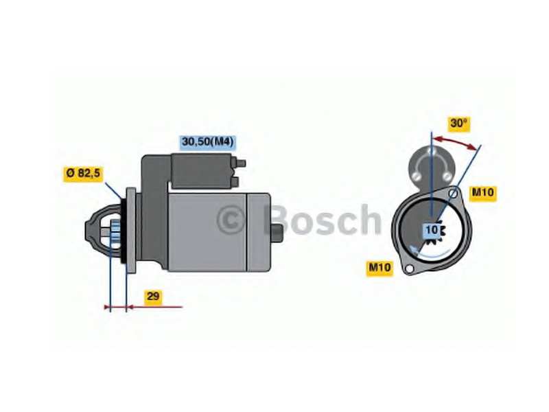 BOSCH Starter 487078 new
Voltage [V]: 24, Rated Power [kW]: 2,5, Number of mounting bores: 0, Number of thread bores: 2, Number of Teeth: 10, Clamp: 50, 30, Flange O [mm]: 82,5, Rotation Direction: Clockwise rotation, Pinion Rest Position [mm]: 26, Starter Type: Self-supporting, Thread Size: M10, Thread Size 1: M10x1.5, Length [mm]: 276,5, Position / Degree: rechts, Connecting Angle [Degree]: 30, Jaw opening angle measurement [Degree]: 30, Fastening hole angle measurement [Degree]: 30 1.