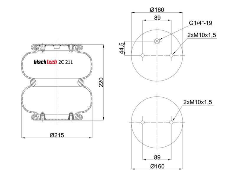 BLACKTECH Luftfeder komplett (Anhänger) 10898563 Dicke/Stärke [mm]: 260, Außendurchmesser [mm]: 160, 215, Außengewindemaß: M8 x 1,5, Einbauposition: Hinterachse links, Hinterachse rechts