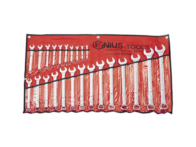 PUMA TOOLS Sterngabelschlüssel-Satz 10867078 Genius-Werkzeuge, Chrom-Vanadiumstahl, verchromtes, 15-Grad-Design am Ende des Sterns 24 PCs in rotem, starkem Stoffwandhalter. Abmessungen: 6,7,8,9,10,11,12,13,14,15,16,17,18,19,20,21,223,24,25,26,27,30,32 mm