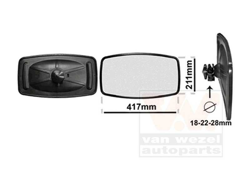 VAN WEZEL Außenspiegel 10535439 417x211mm
Einbauseite: beidseitig, Länge [mm]: 211, Breite [mm]: 417, Durchmesser 2 [mm]: 22, Durchmesser 3 [mm]: 28, Zulassungsart: E-Typ-geprüft, Wölbungsradius [mm]: 2000, Durchmesser der Befestigungspunkte [mm]: 18, Qualität: Hagus