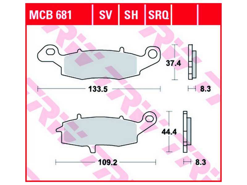 TRW Bremsbeläge für Motorräder 199162 Set, für eine Bremsscheibe!
Dicke/Stärke [mm]: 8,3, Höhe 1 [mm]: 37,4, Höhe 2 [mm]: 44,4, Länge 1 [mm]: 133,5, Länge 2 [mm]: 109,2